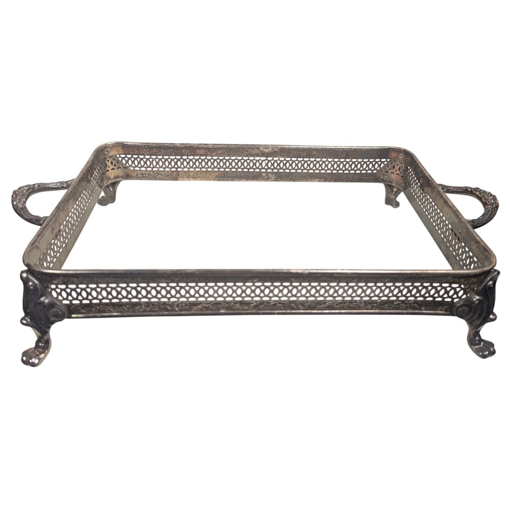 MCM Vtg Silver Plate Rectangular Gallery Tray Stand Pierced Reticulated Paw Feet